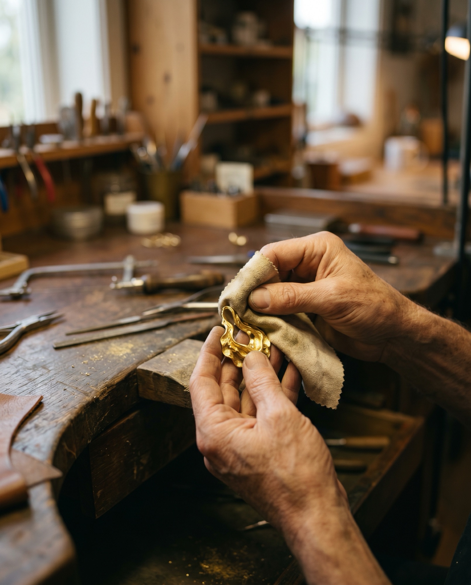 Mains du maître joaillier polissant une pièce d'or 18 carats