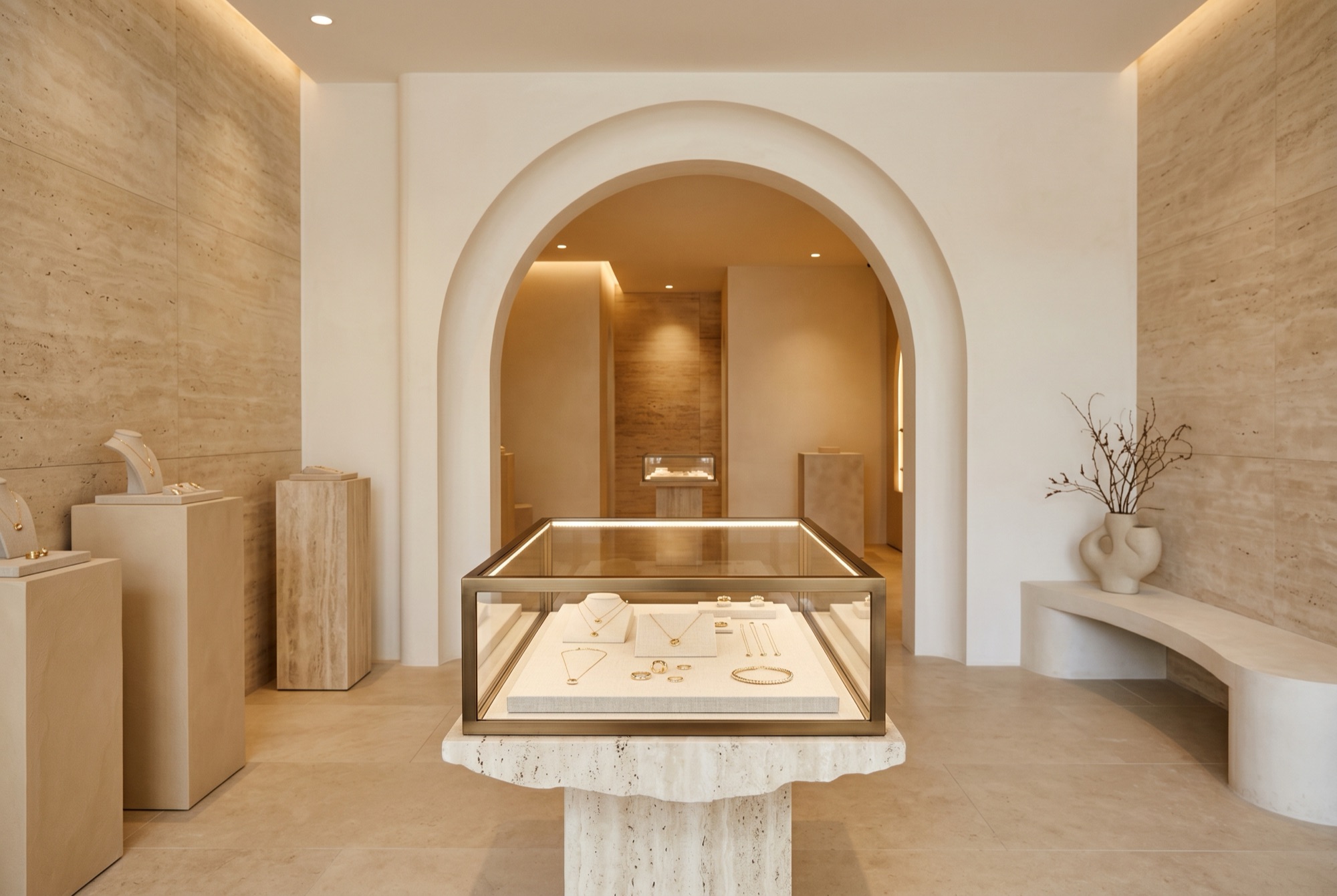 Intérieur de la boutique ARCY, vitrine en or et architecture en travertin